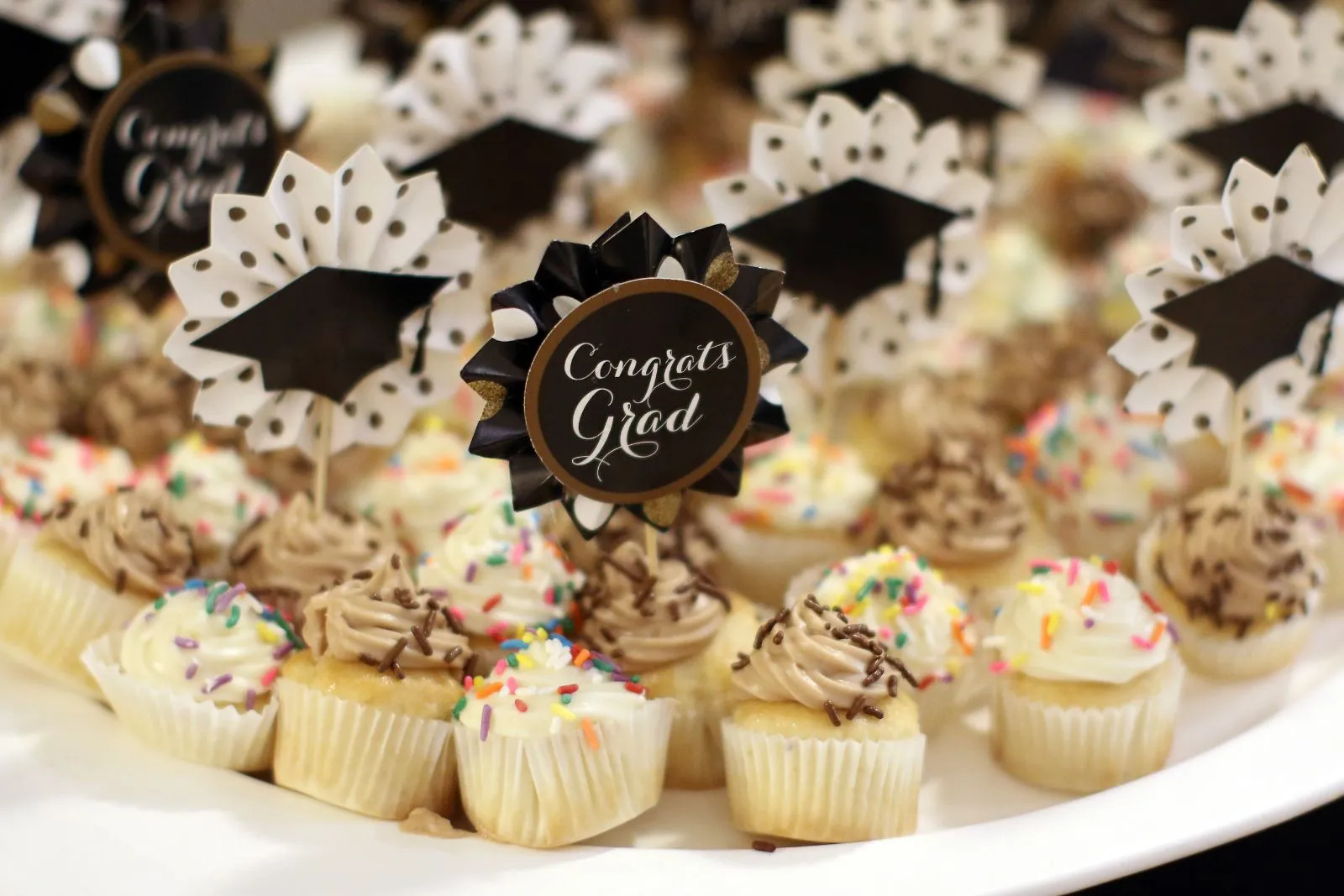 assortment of mini cupcakes on a plate with graduation decorations